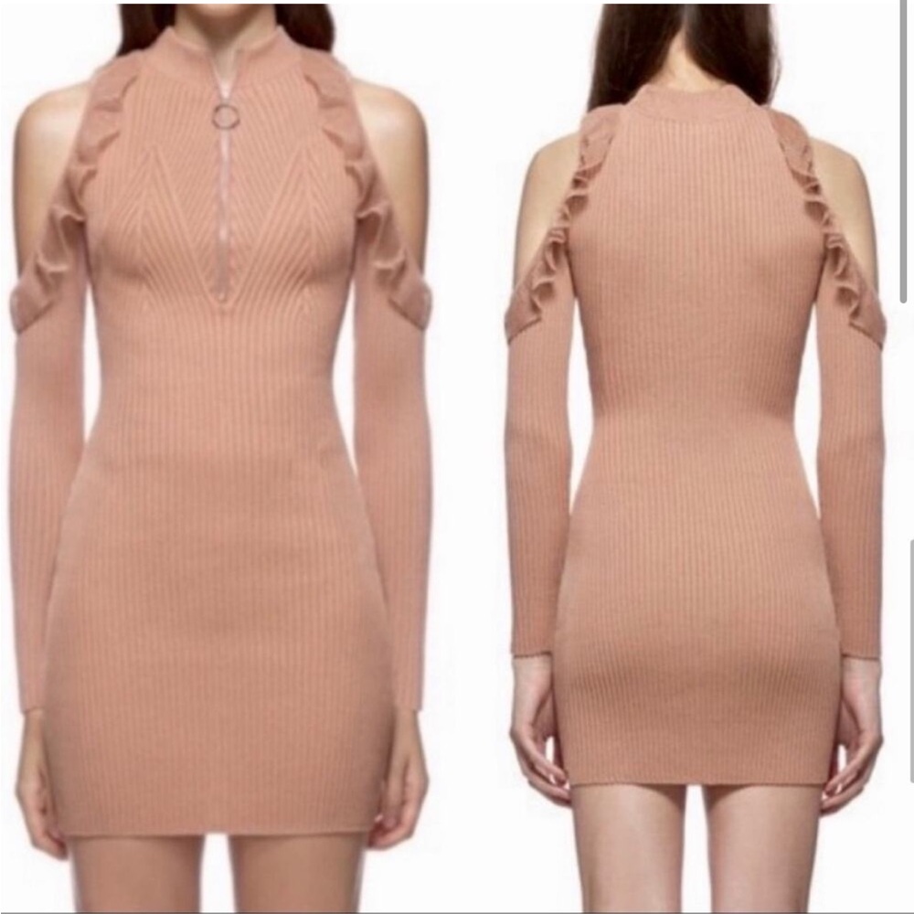 Self-Portrait Alina Knit Tan Mini Dress Ruffled Zip Neck | Women’s Size M
